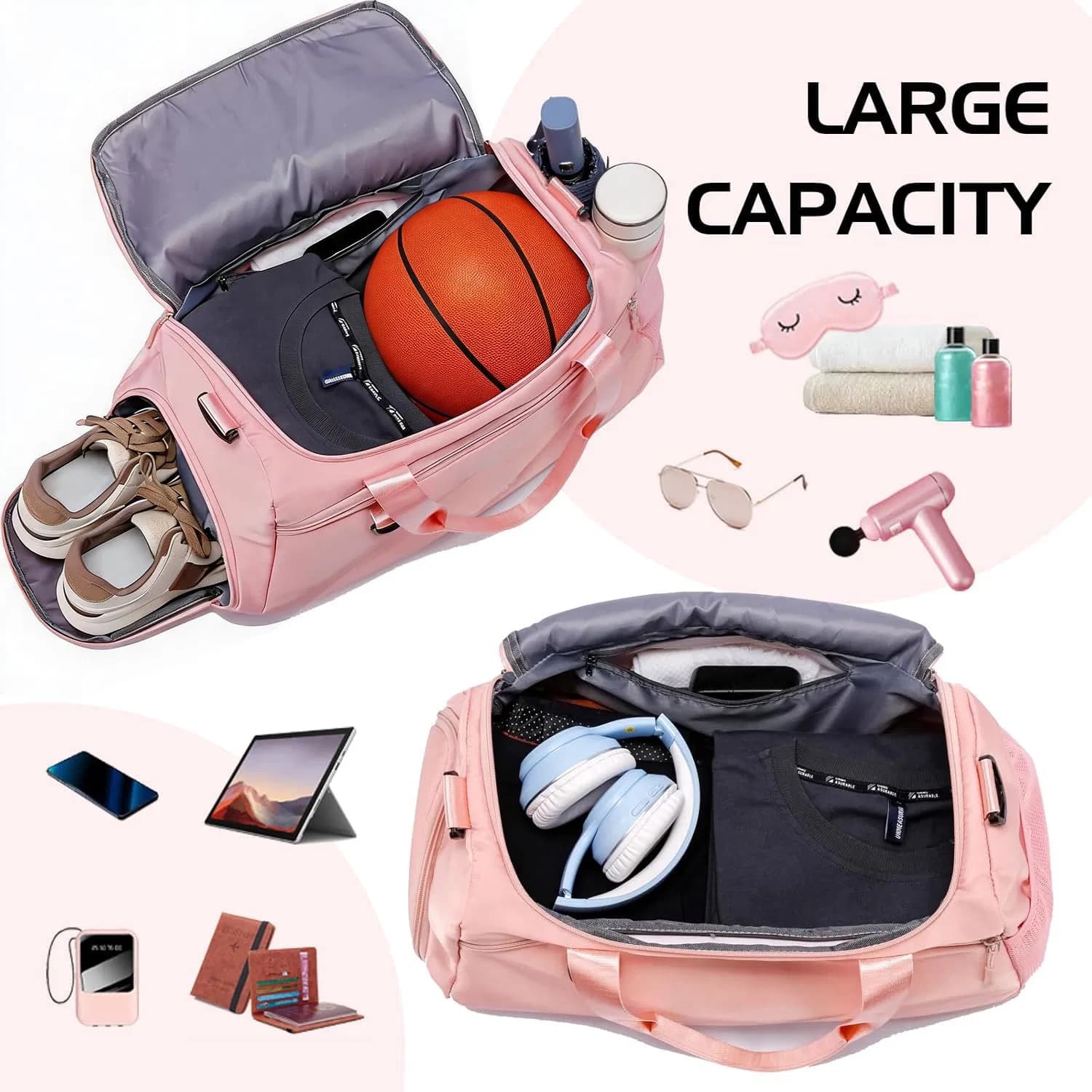 Gym Duffle Bag with Shoe Compartment & Wet Pocket 37L Waterproof Sports Travel Bag for Men Women Carry On Weekender Overnight Tote with Adjustable Shoulder Strap for Gym Swim Yoga Travel