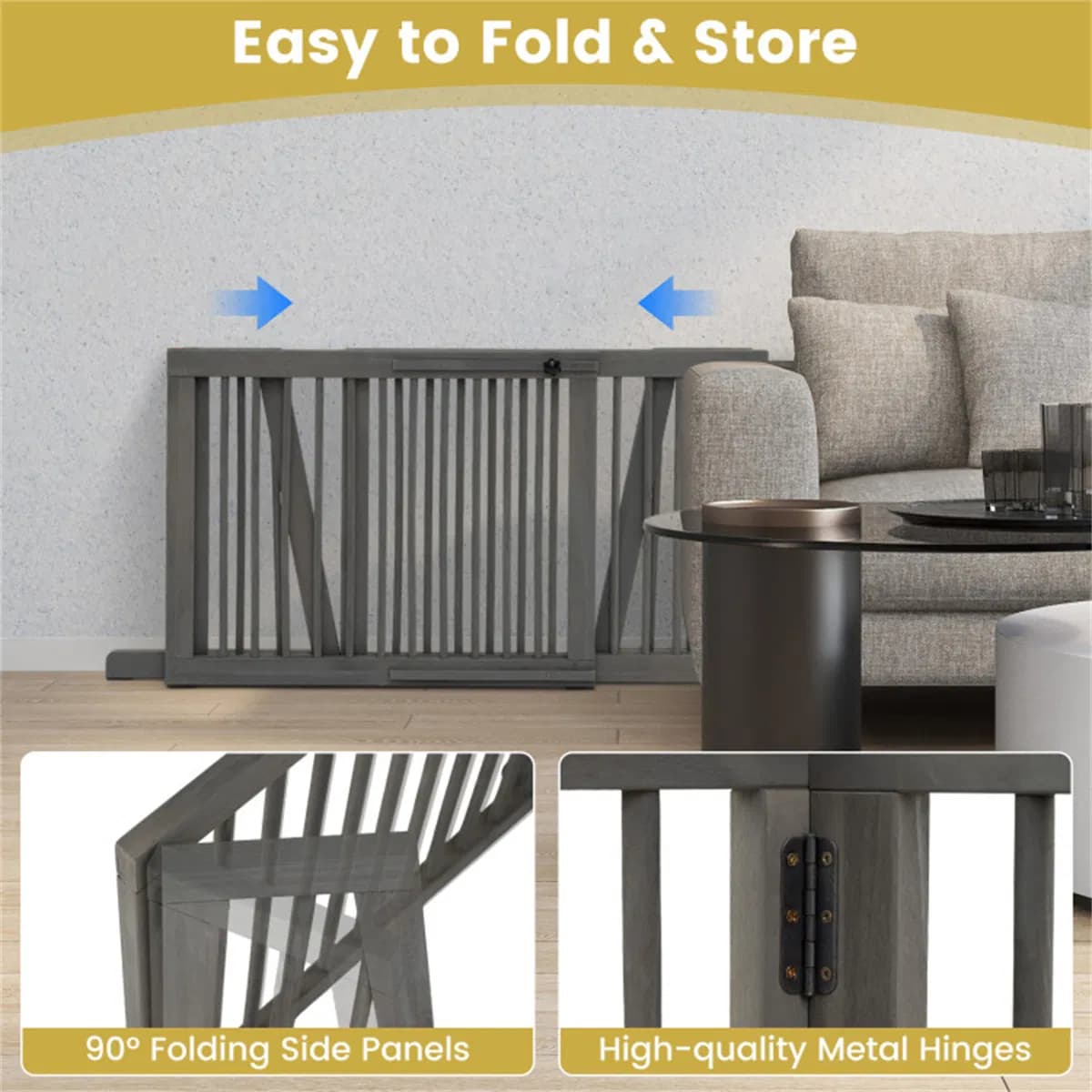 Adjustable Expandable Wooden Pet Gate 22 Inch Tall Freestanding Safety Fence, Gray Pine Wood Slide Dog Gate Easy Assembly for Home & Office Entryways