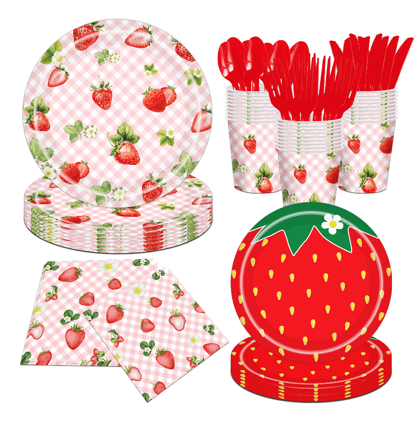 Strawberry Gingham Disposable Tableware Set, Fruit Strawberry Paper Plates Cups Napkins Red Cutlery, Sweet Berry Birthday Party Supplies