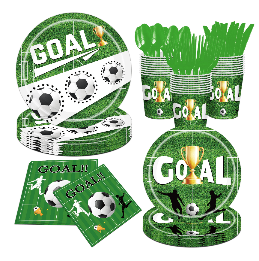 GOAL Soccer Trophy Disposable Tableware Set, Football Party Plates Cups Napkins Cutlery