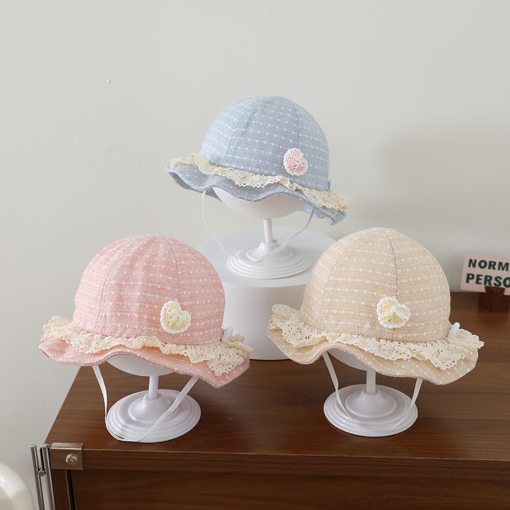 Knitted Jacquard Heart-shaped Crochet Fishing Hat With Lace Trim And Soft Brimmed Hat For Children, Sun Protection Cap