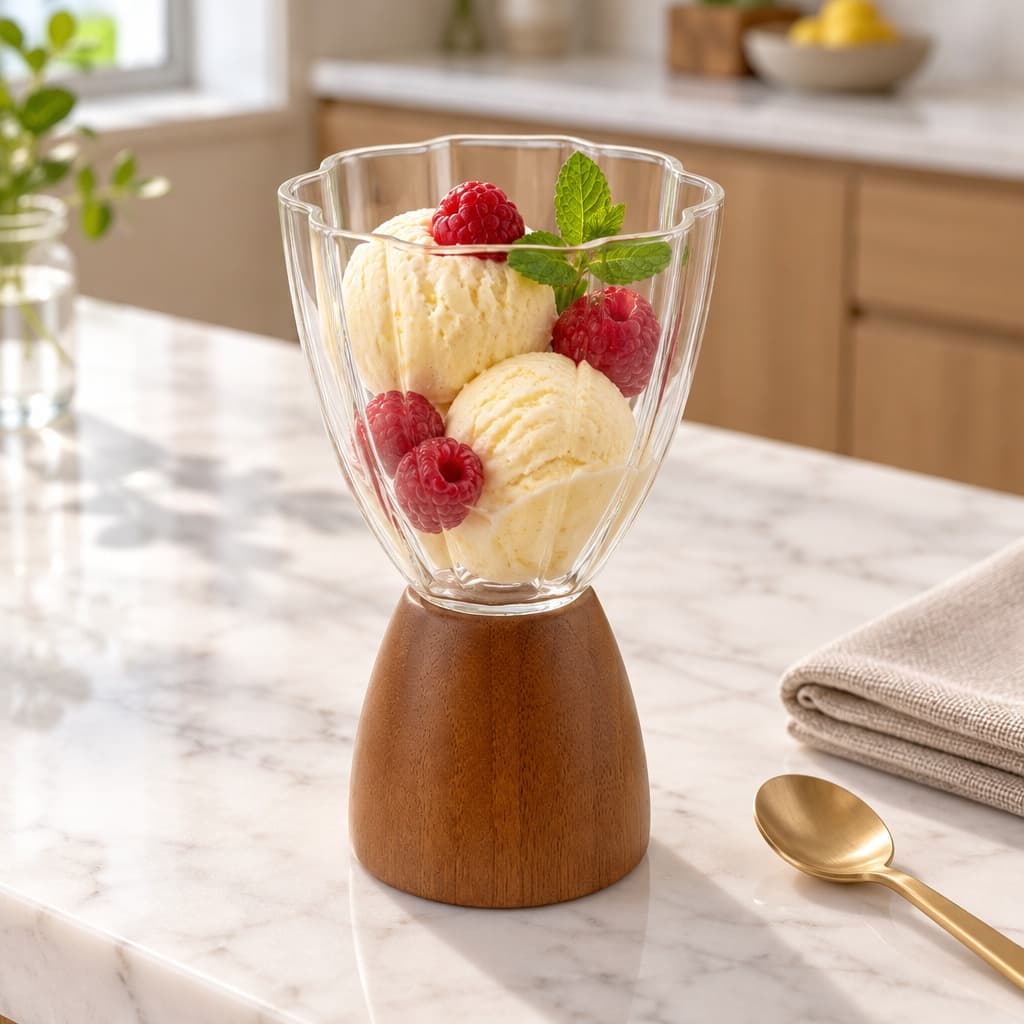 Fluted Glass Dessert Cup With Wood Base, Petal Shaped Bowl For Ice Cream Fruit
