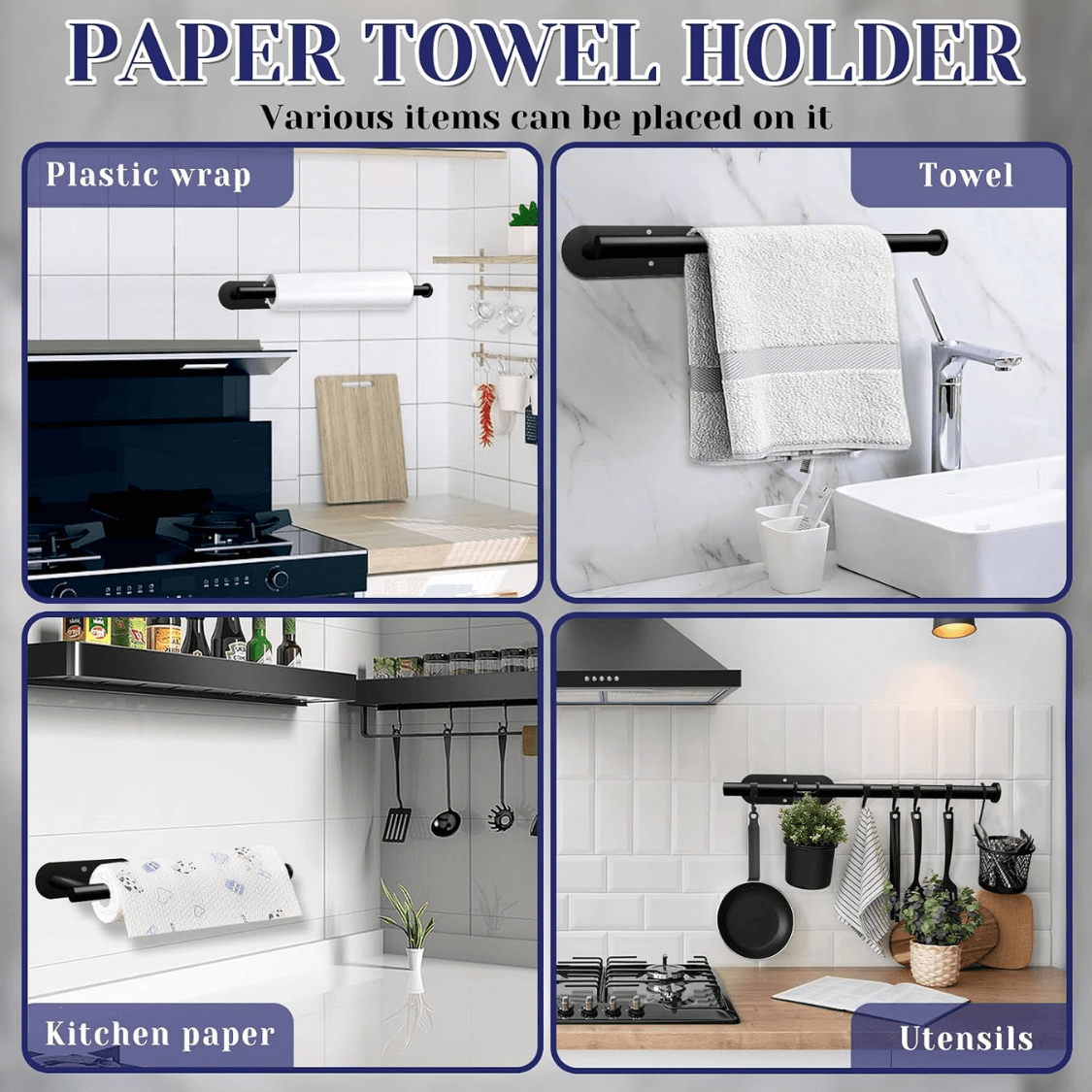 Black Self-Adhesive Under Cabinet Paper Towel Holder Wall Mounted Roll Organizer For Kitchen Bathroom Counter Storage