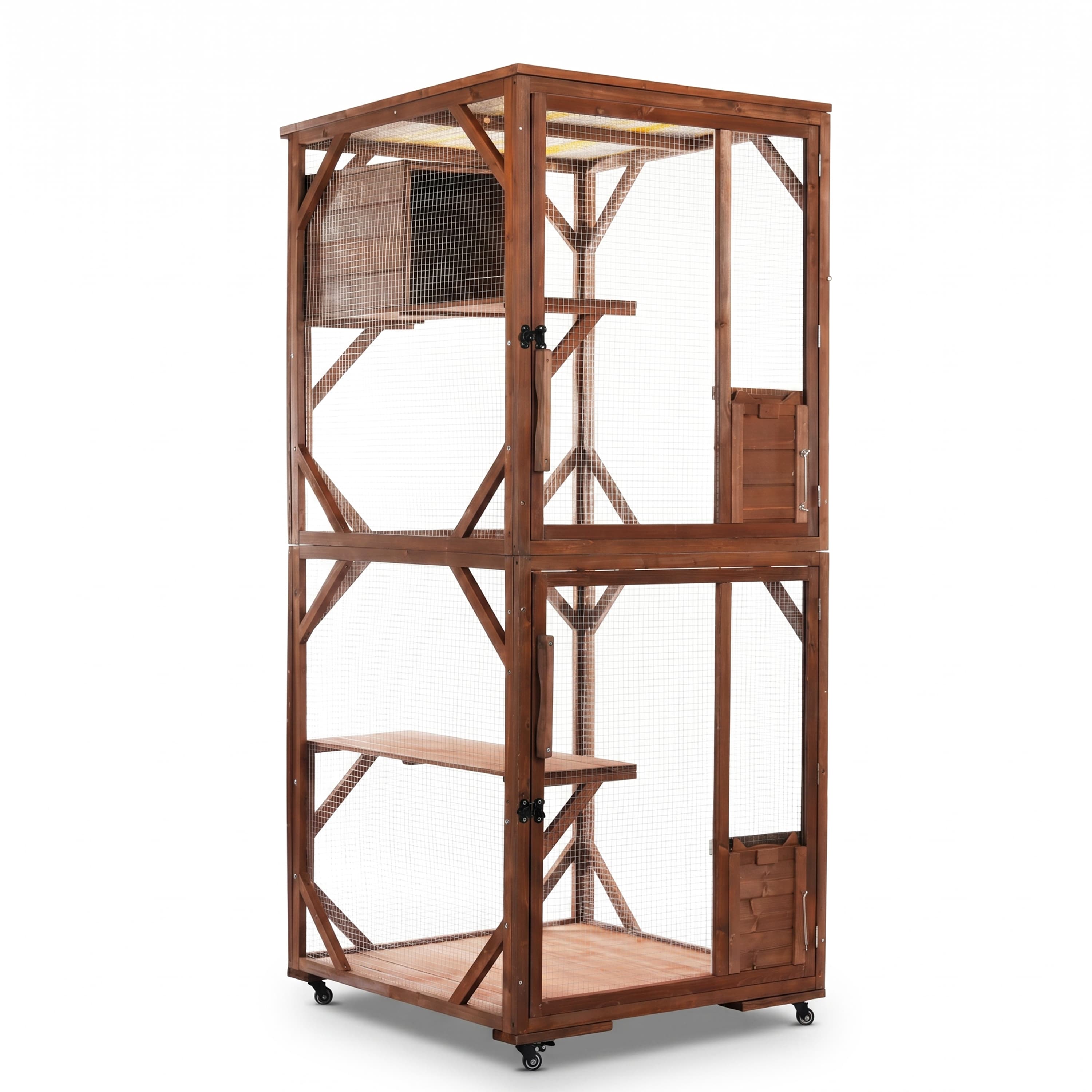 Large 2-Tier Outdoor Wooden Cat Enclosure on Lockable Wheels, Solid Fir Cat Cage with Multi-Level Platforms & Resting House, Weatherproof Cat Playpen with Predator-Proof Wire Mesh for Backyard