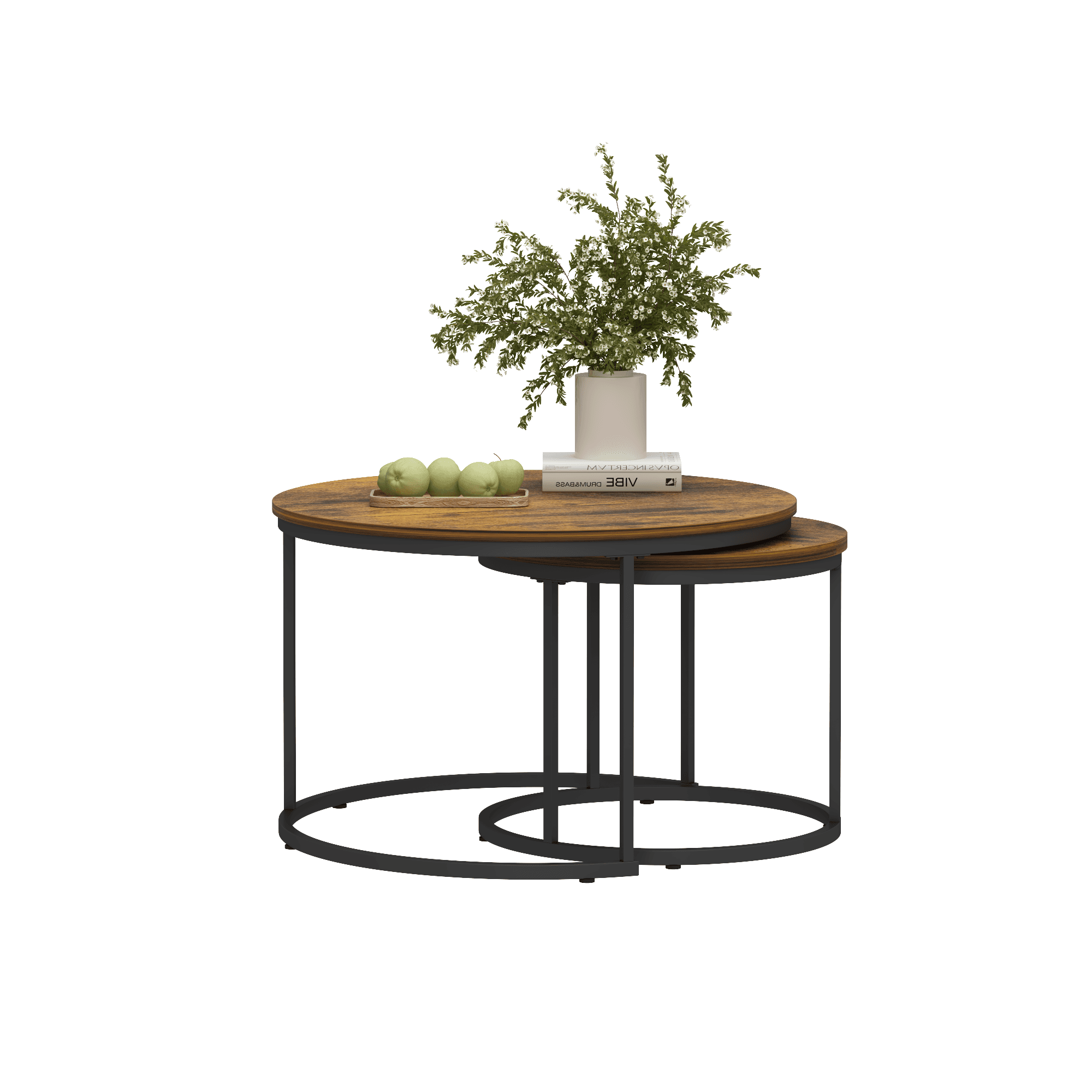 Nesting Coffee Table Set of 2, 27.6inch Round Coffee Table Industrial Wood Finish with Sturdy Metal Frame, End Table Side Tables for Living Room Bedroom Balcony Yard (Rustic Brown)
