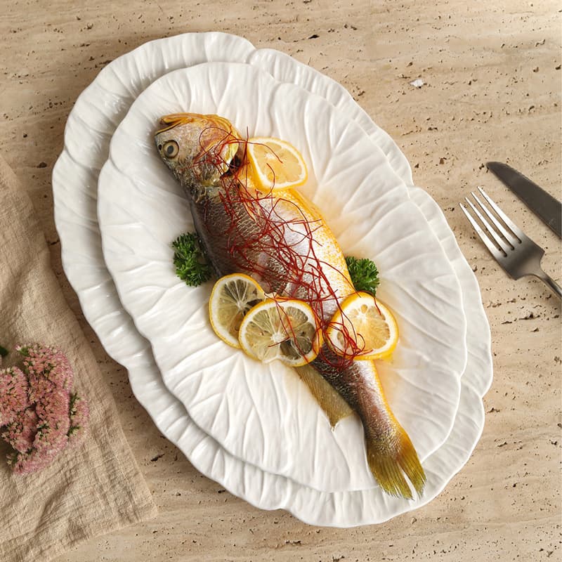 European Style Relief Edged Oval Plate Household Ceramic Fish Platter