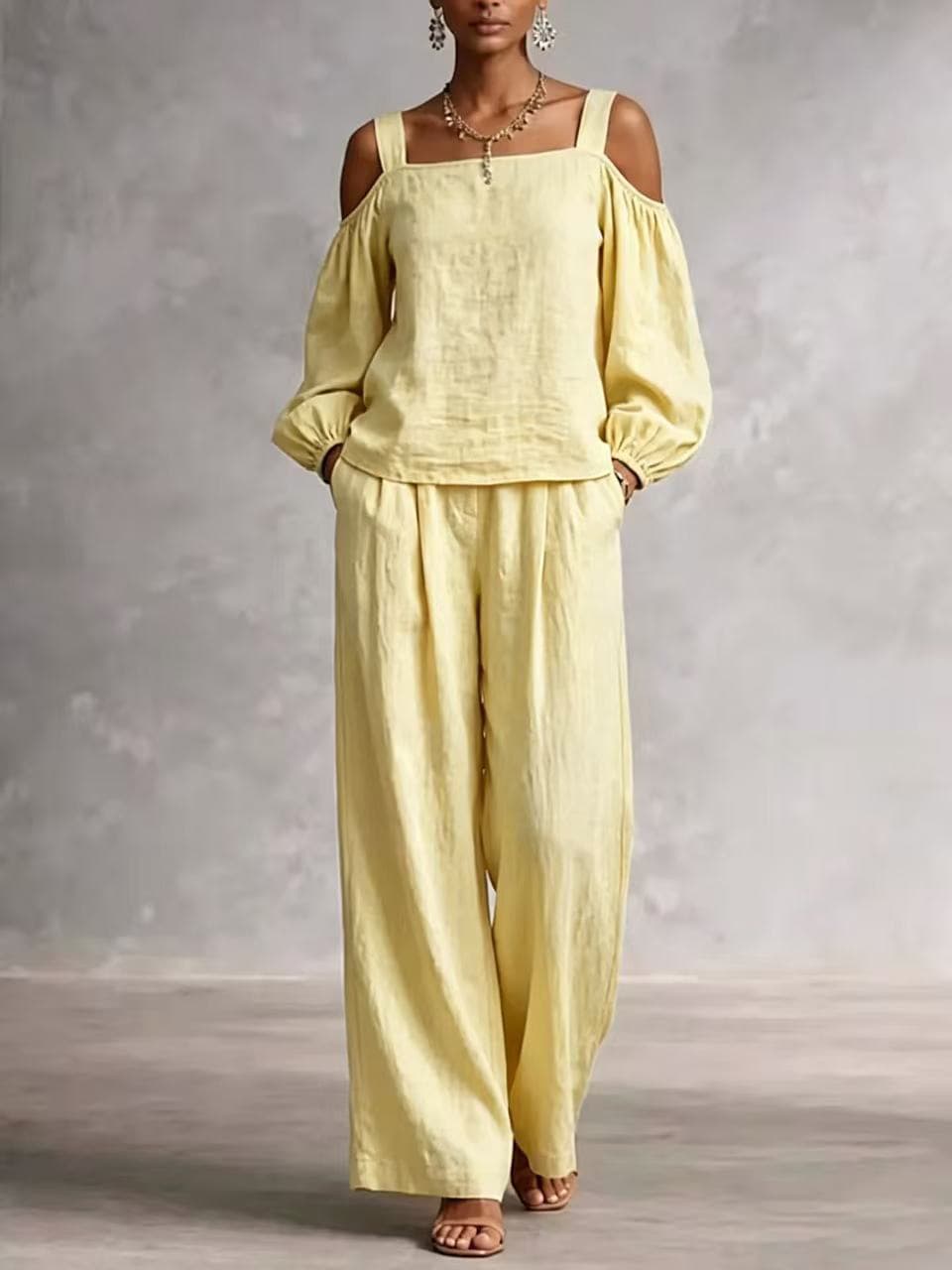 Women's Linen Blend Two-piece Set With Double Straps