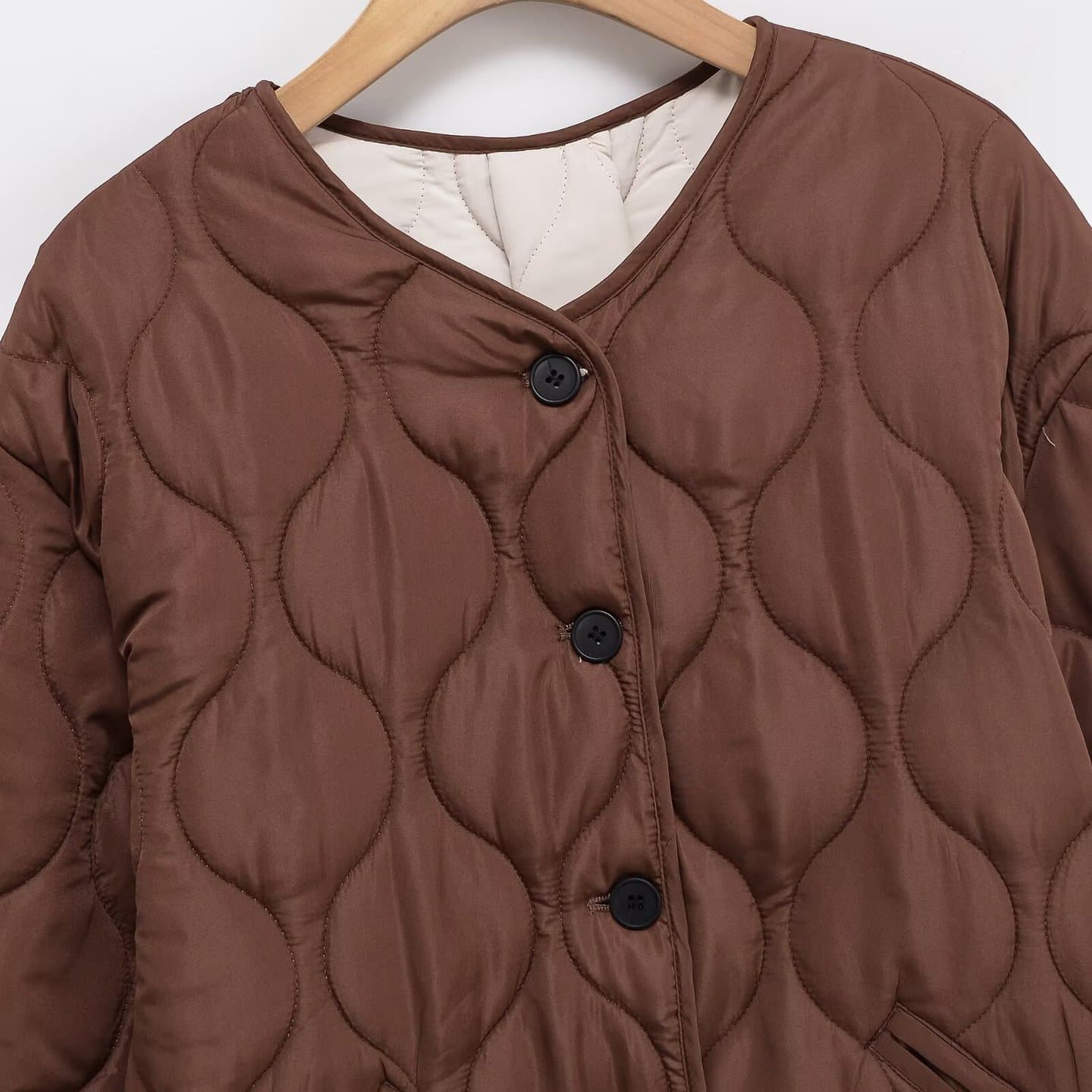 Dark Brown Crew-neck Long-sleeve Cotton Jacket