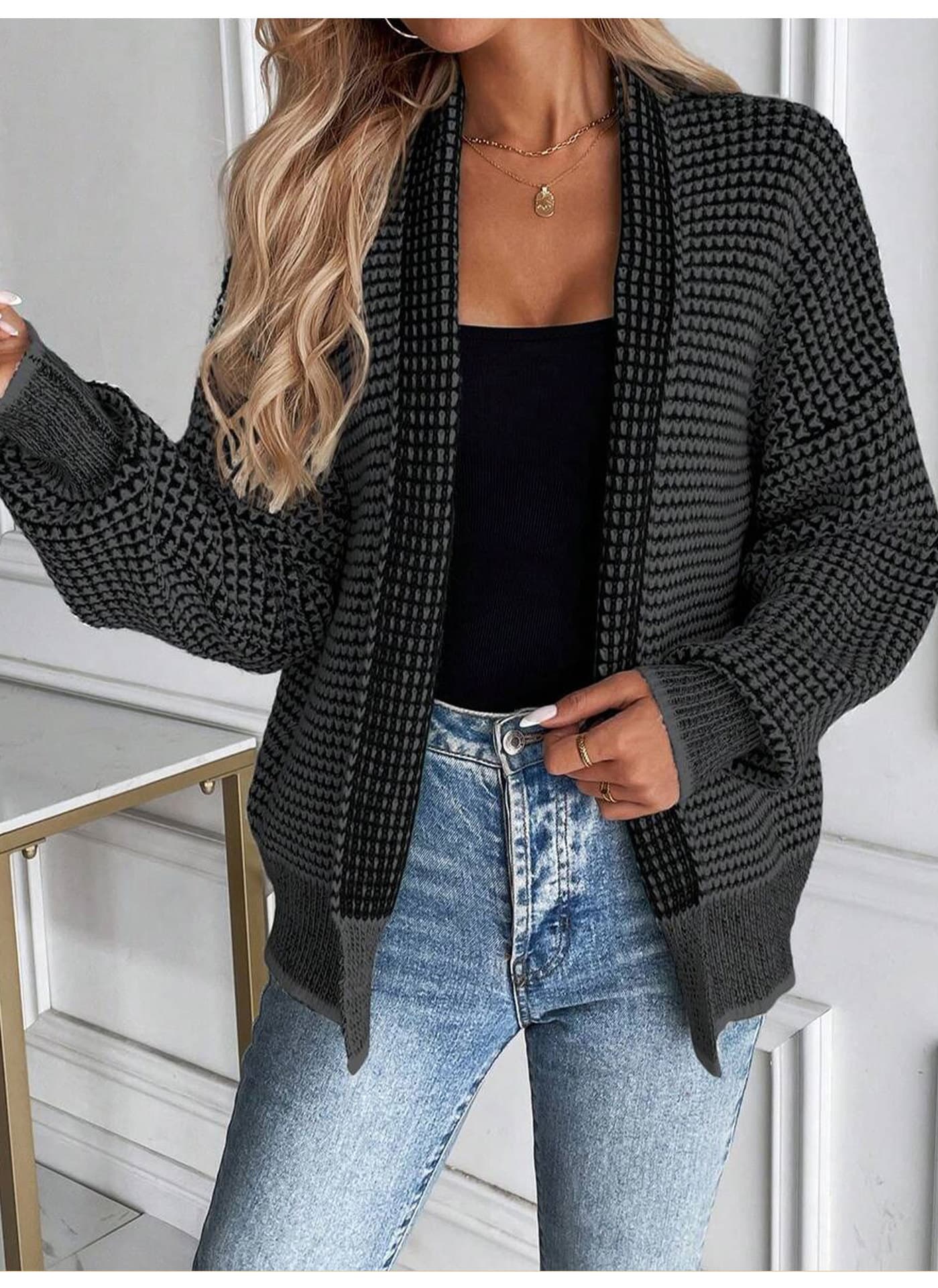 Womens Knitted Cardigan Plaid Sweater Coat
