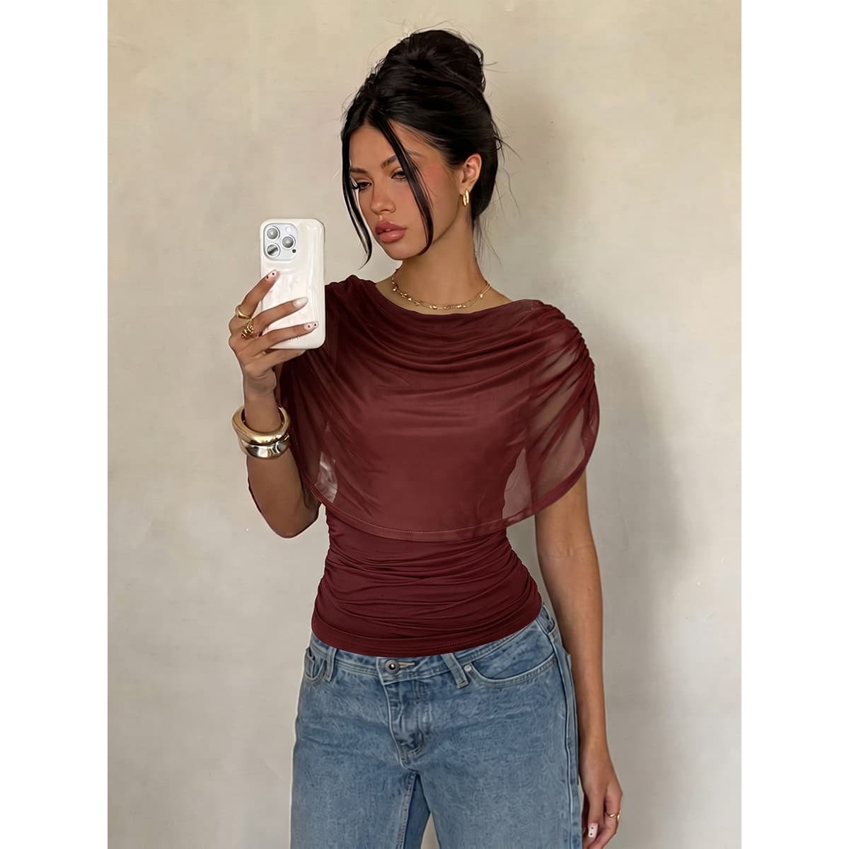 Womens Solid-color Waist-cinching Boat-neck Mesh Top