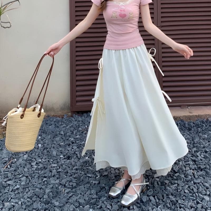 French-style Bow-tie Lace-panel Faux Two-piece Skirt