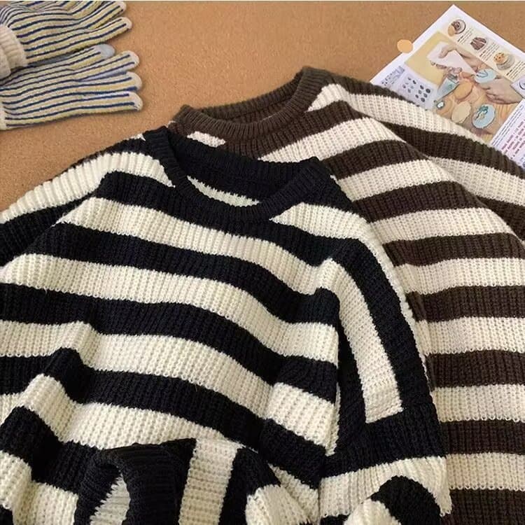 Mens Stylish Versatile Striped Loose-fit Crew-neck Sweater