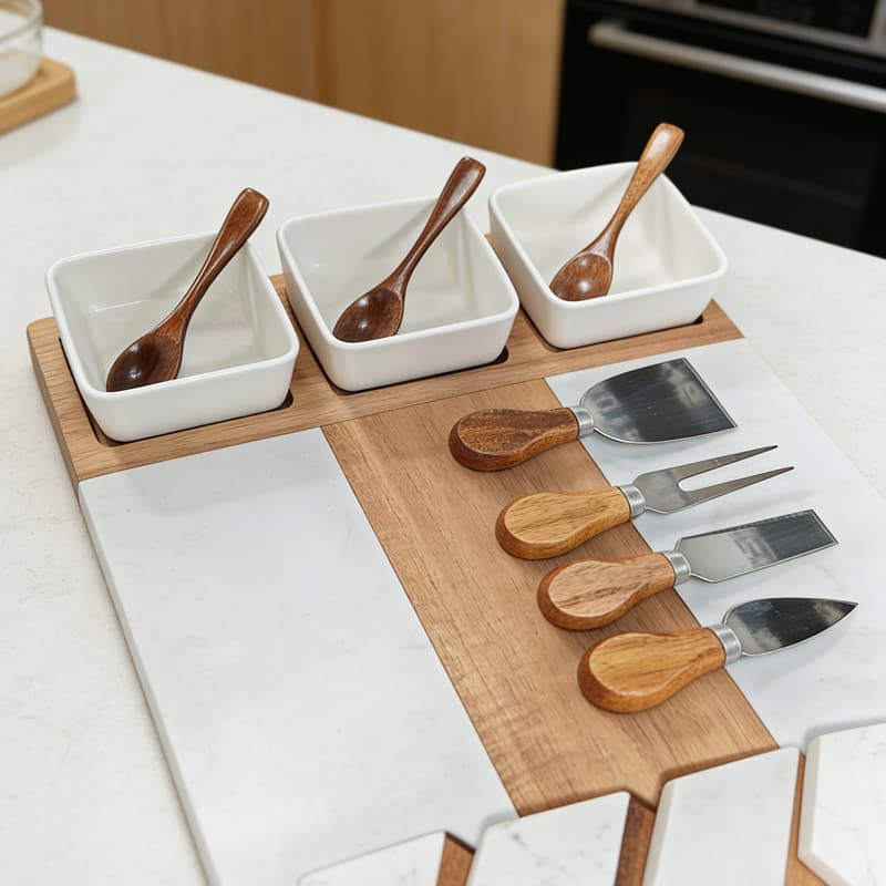 Marble Acacia Wood Ceramic Cheese Board Set