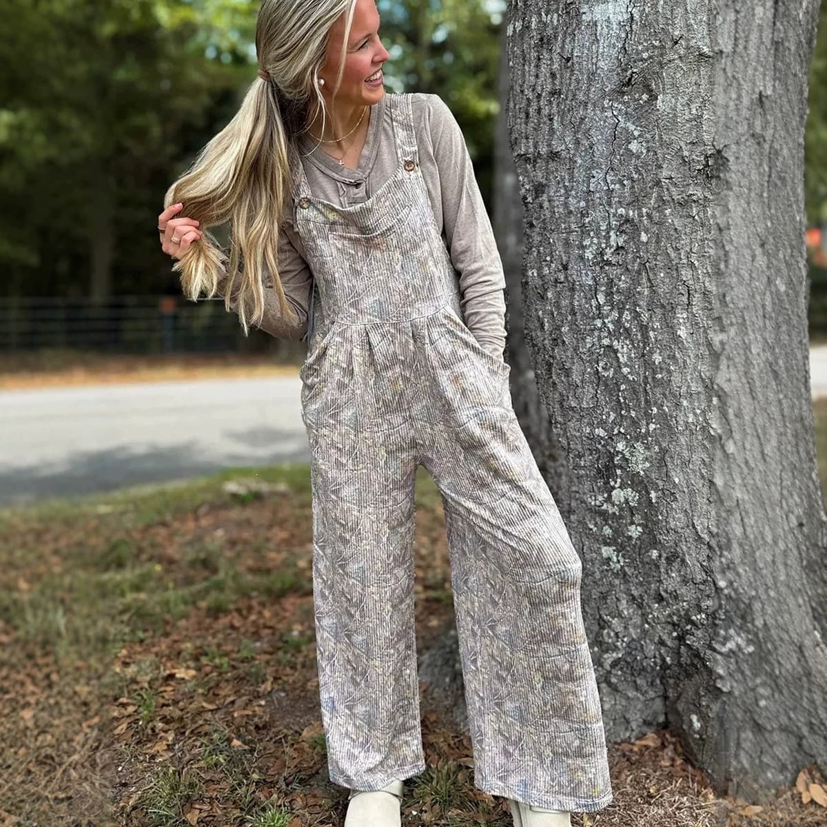 High-waisted Camo-print Jumpsuit With Pockets