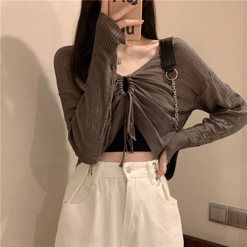 Hollowed-out Drawstring Knitted Sun-protection Cardigan For Women