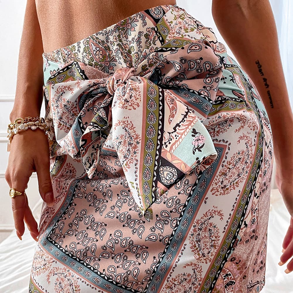High-waisted Lace-up Bodycon Mini Skirt A-line Printed Skirt
