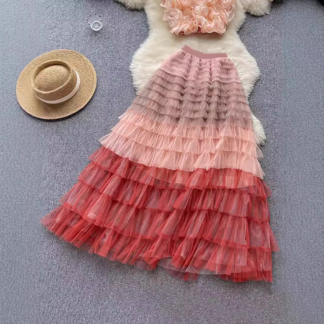 Women's Gradient Color Tulle Tiered Skirt
