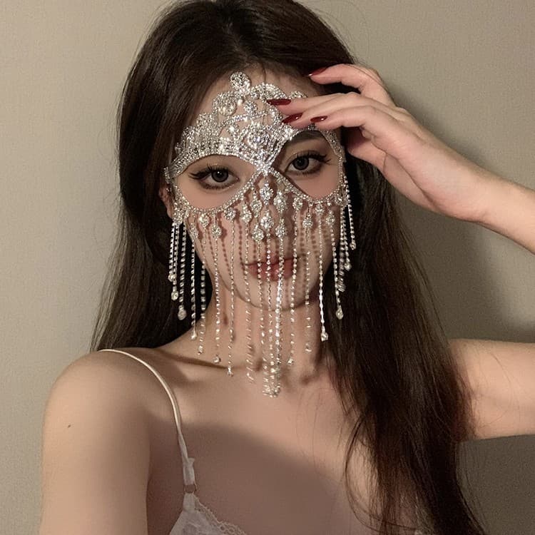 Ball Mask Zircon Tassel Hairband Vintage Style Face Window
