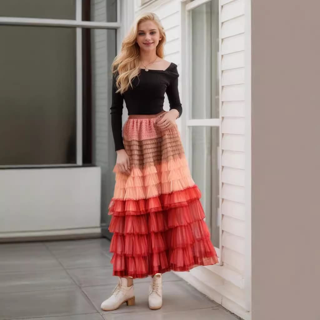 Women's Gradient Color Tulle Tiered Skirt