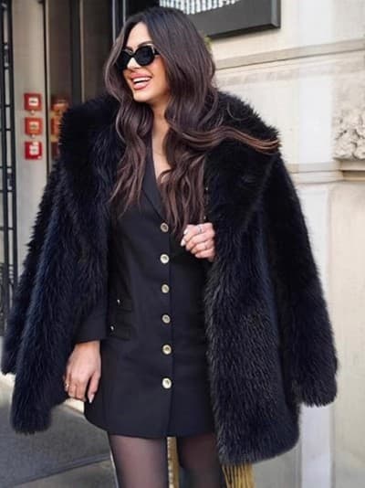 Long Faux Fur Coat With A Large Lapel