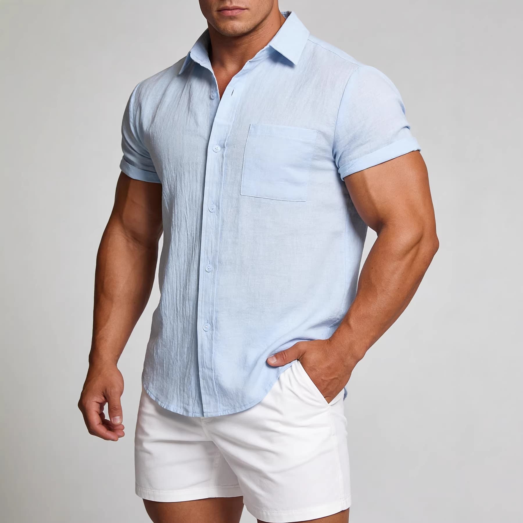 Mens Cotton-Linen Solid-Color Lapel Single-Breasted Short-Sleeve Shirt