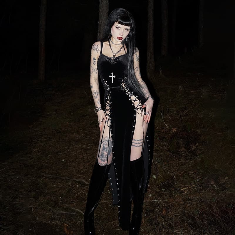 Dark Gothic High-slit Lace-up Dress