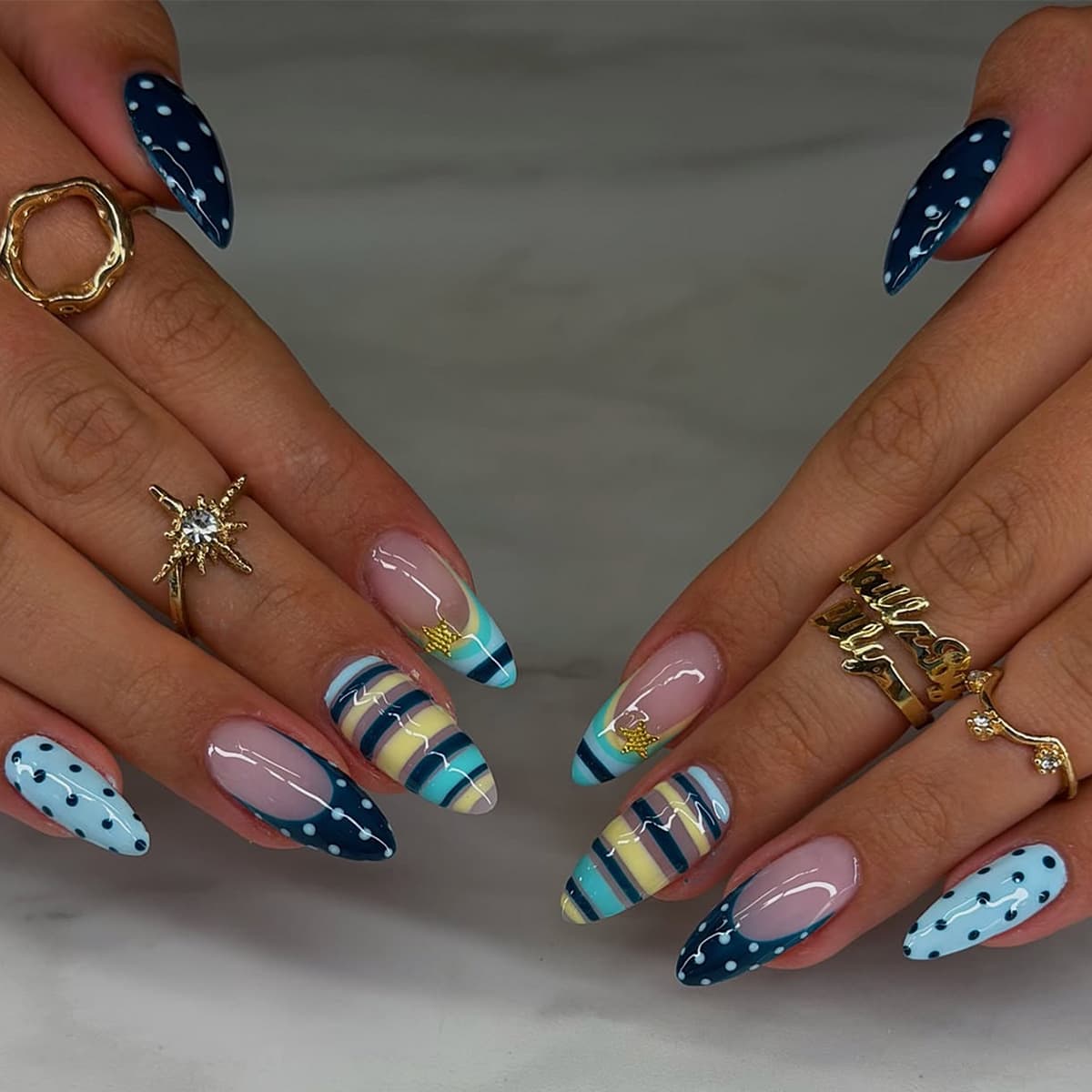 Hand Painted Dopamine French Tip Press On Nails - Polka Dot And Striped Design Reusable Fake Nail Tips 24 Pieces Set For Women Girls Daily Wear