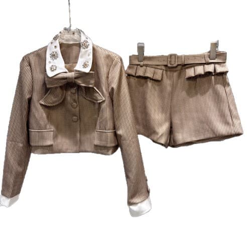 Chanel-style Bow-neckline Plaid Short Jacket And Belted Shorts Set