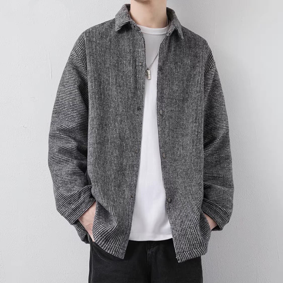 Men's Loose Fit Wool Blend Jacket Long Sleeve Lapel Shirt Coat Casual Streetwear Top For Spring Autumn