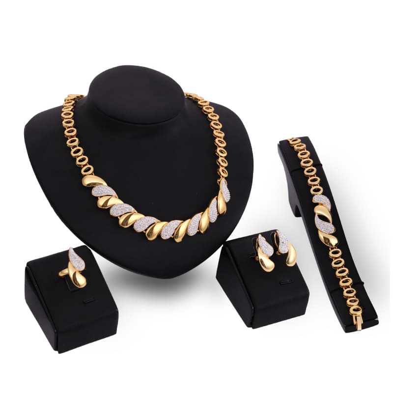 Womens Gold-Colored Cuban-Link Alloy Bracelet Earrings Necklace And Ring Jewelry Set