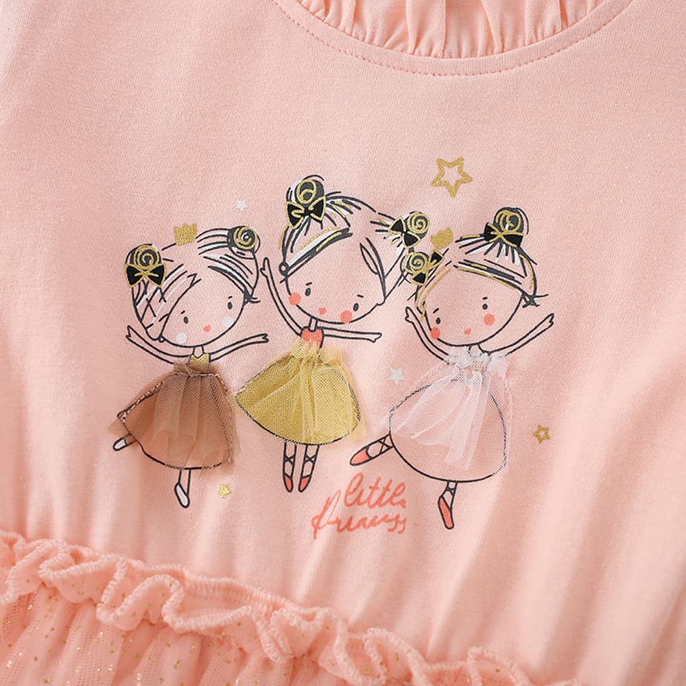 Printed Crew-Neck Lace-trimmed Long-Sleeve Dress For Girls