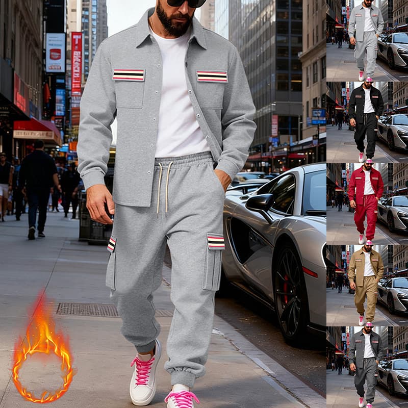 Heavyweight Fleece-Lined Mens Outdoor Work Joggers Warm Jacket And Shirt Set