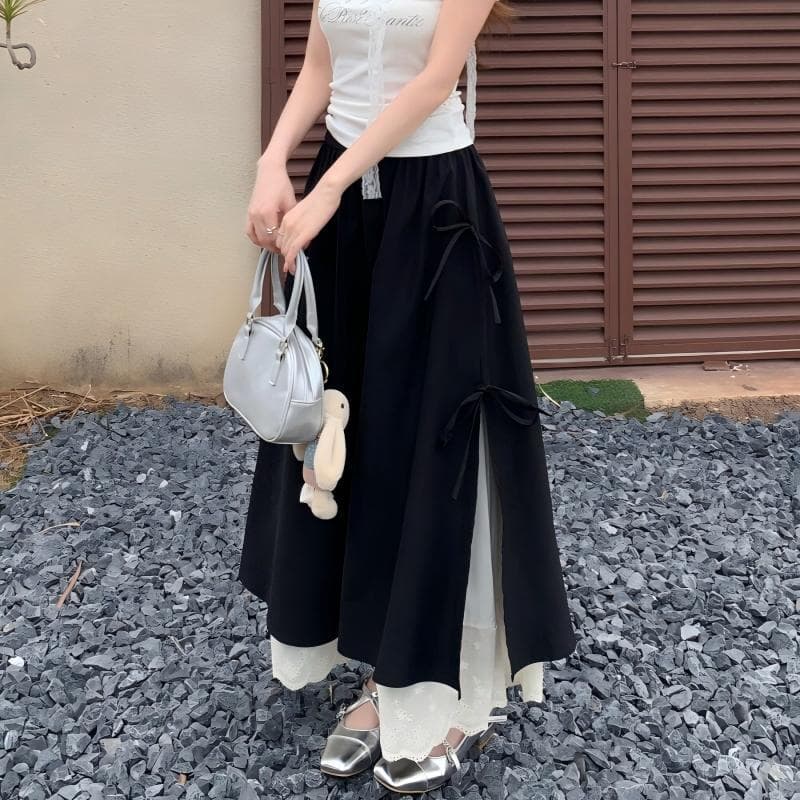 French-style Bow-tie Lace-panel Faux Two-piece Skirt