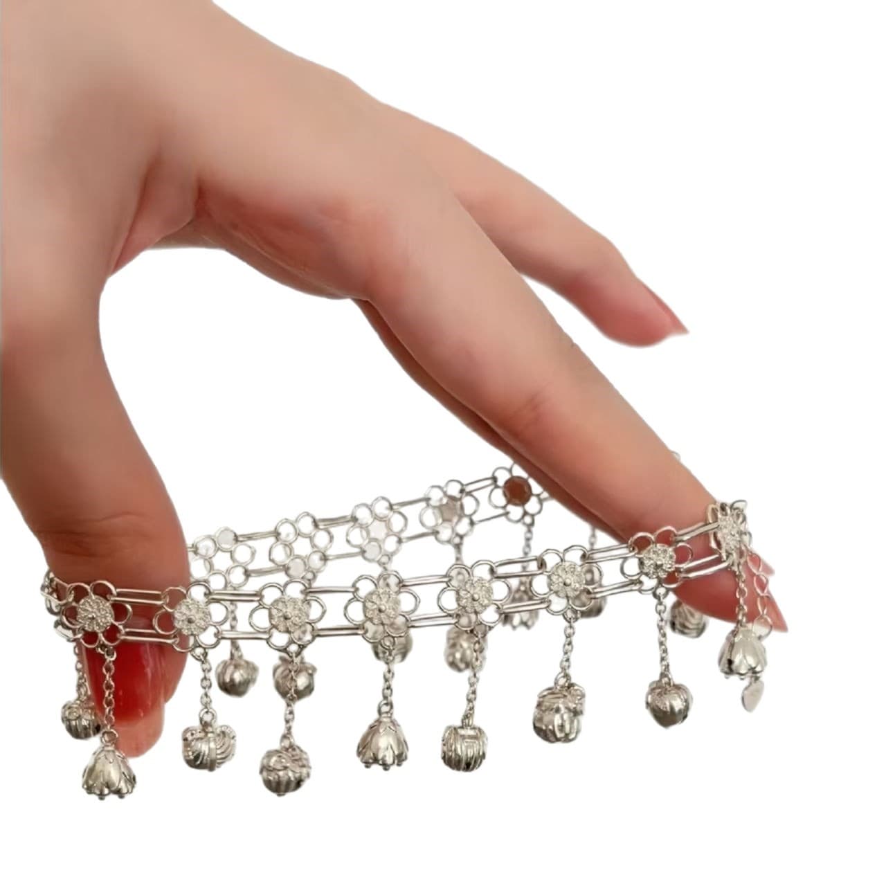 Silver Openwork Flower Tassel Bracelet