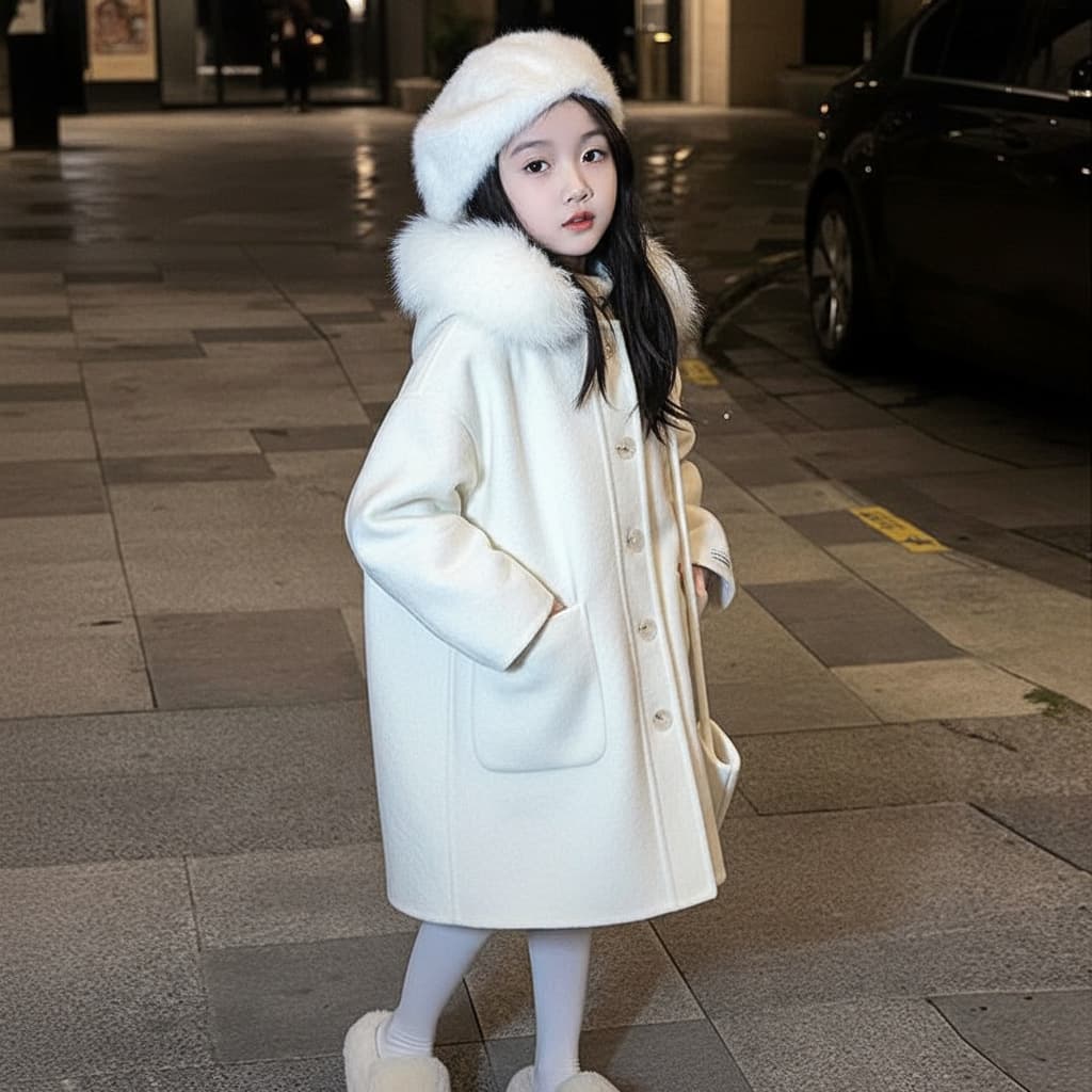 Girls' Mid-length Wool Coat With A Fleece-lined Collar