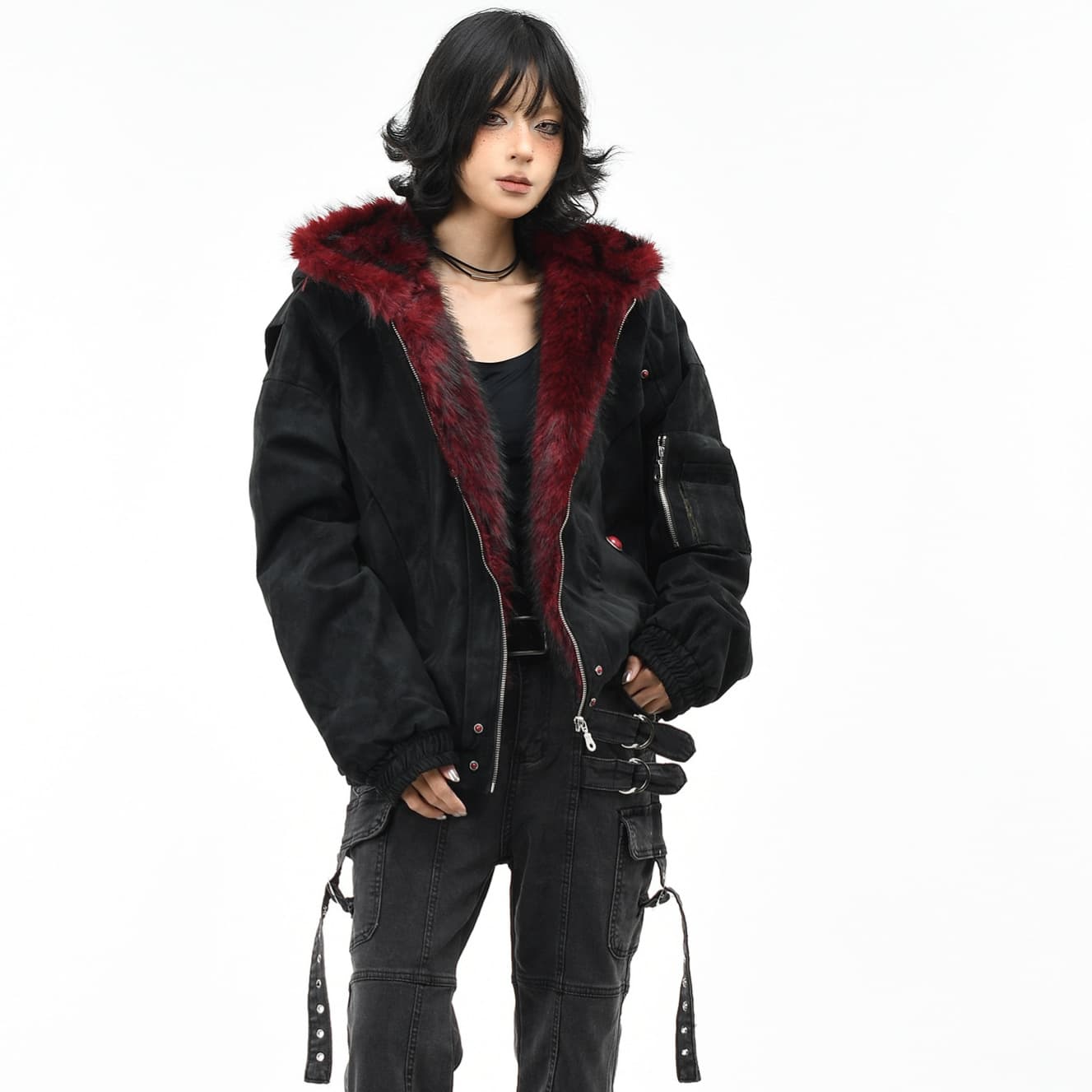 Mountain Carving Red Fur Collar Vintage PU Leather Fleece-lined Warm Coat