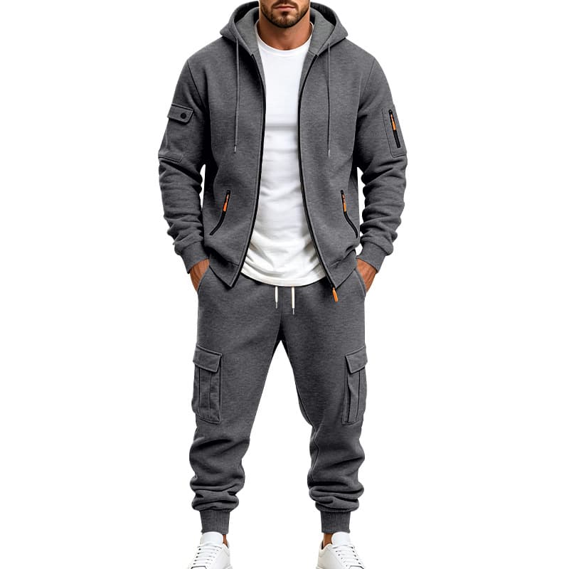 Mens Fleece-lined Loose-fit Casual Hoodie And Pants Set