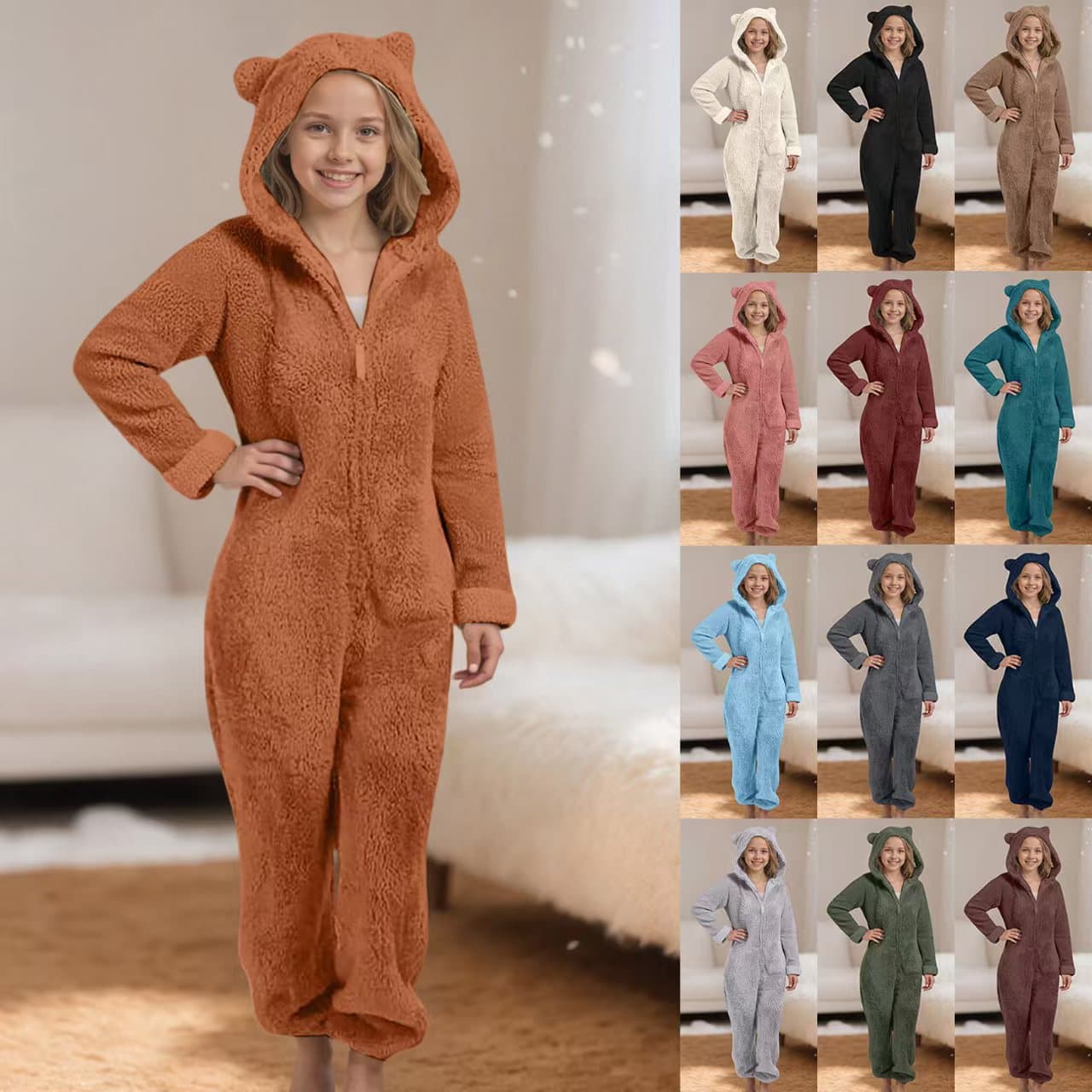 Fleece-lined Extra-thick Furry One-piece Jumpsuit For Kids