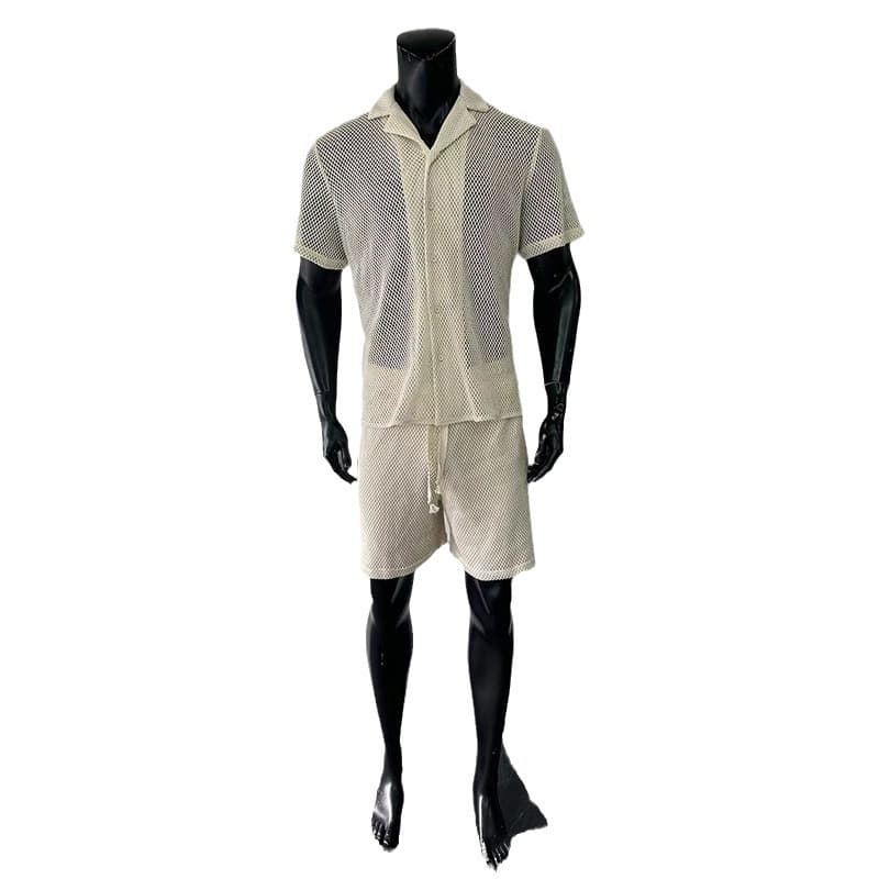 Solid-color Hollow-out Mens Suit Short-sleeve Shirt And Loose-fitting Shorts