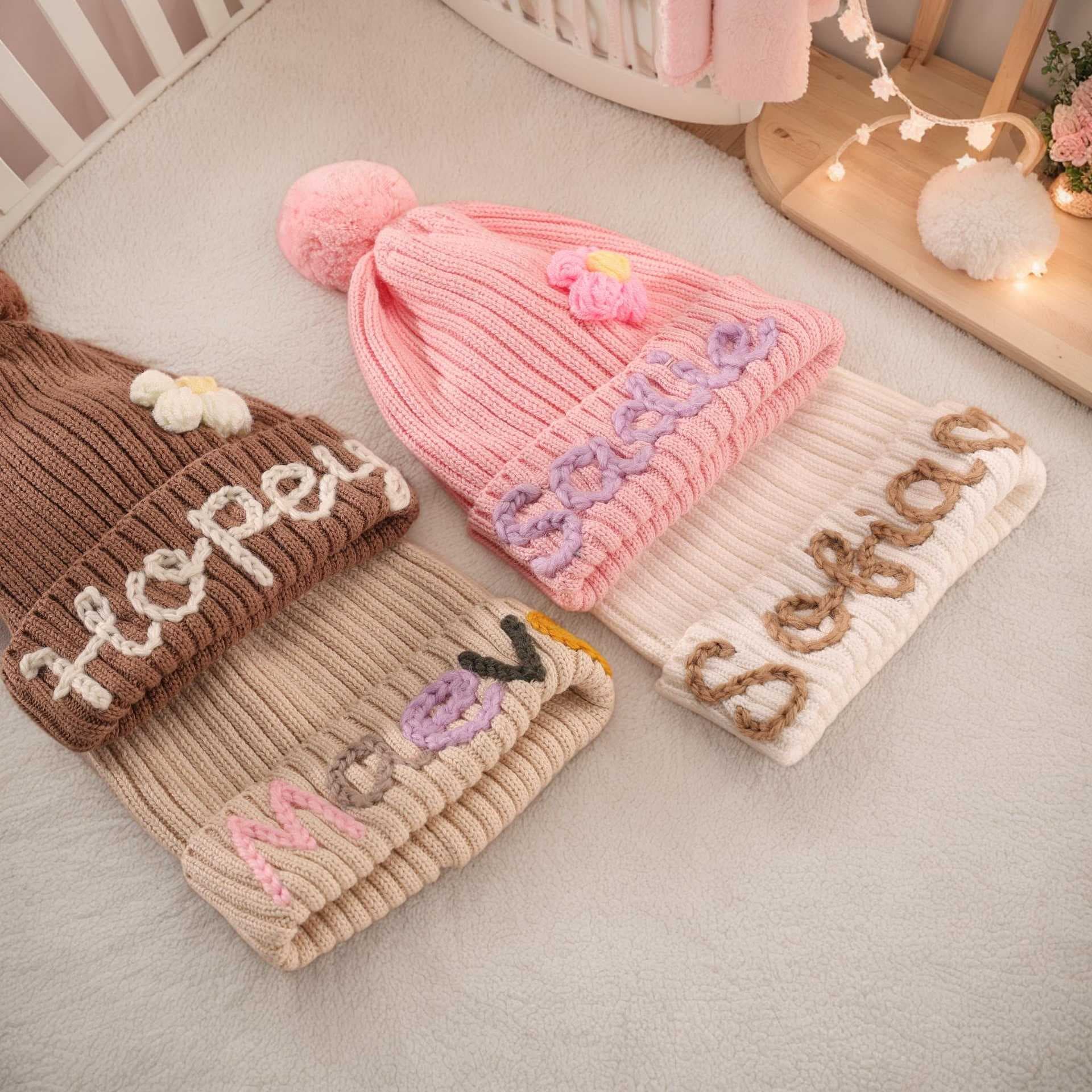 Embroidered Hand-stitched Cotton Knitted Hat With Fluffy Pom-pom For Children