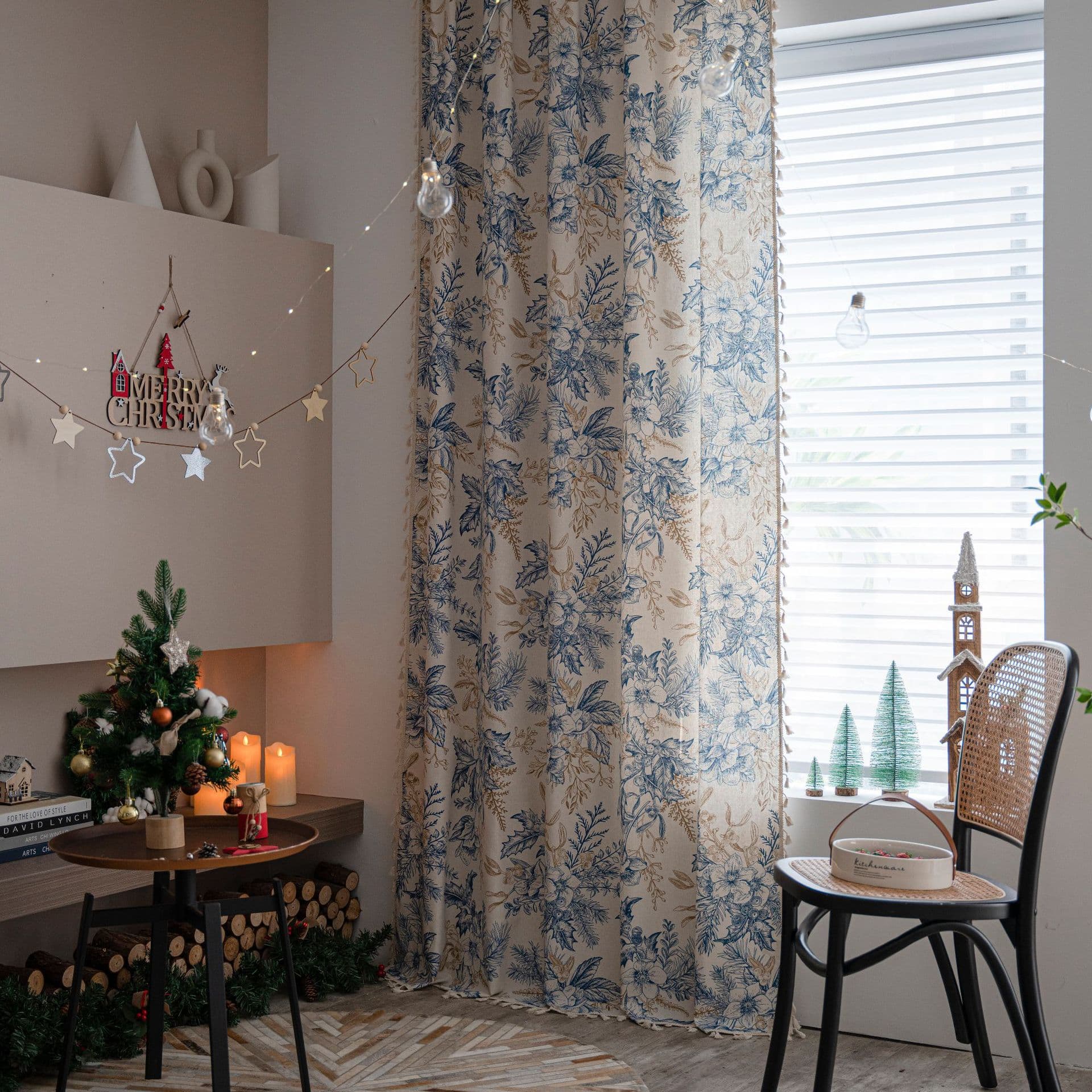 Pine Branch Christmas Semi-Blackout Partition Sheer Curtain