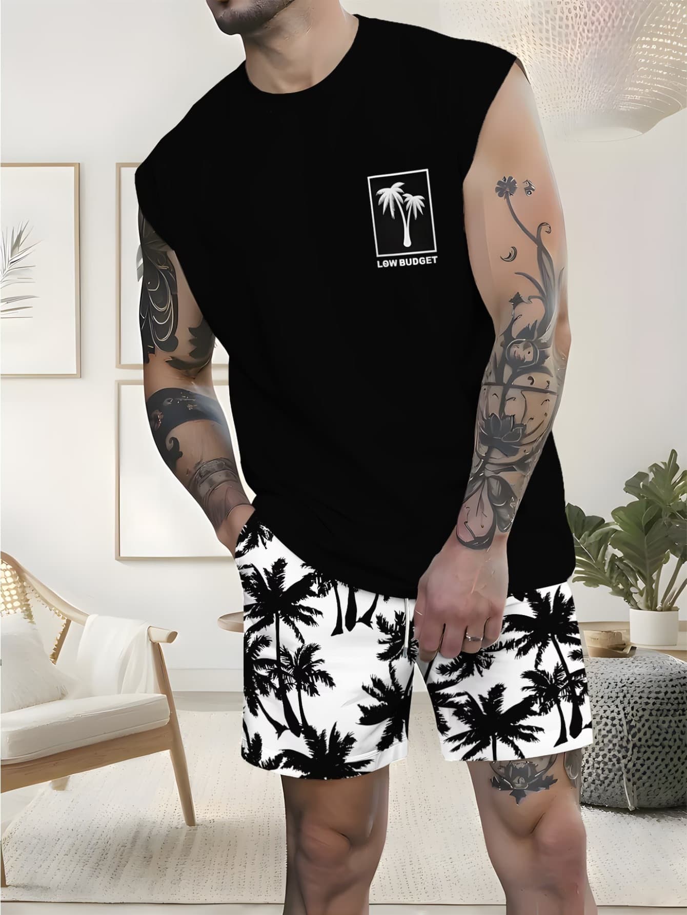 Men's Minimalist Two-piece Set Featuring A Striped Print With Contrasting Colors Top And Shorts