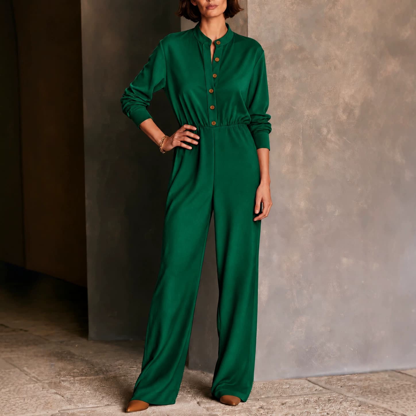 Women's Elegant Vintage-style Round-neck Button-front Long-sleeve Jumpsuit