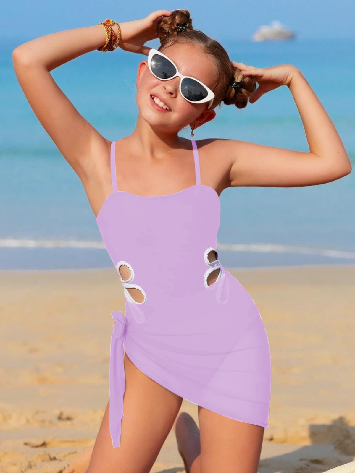 Color-block Floral Cutout One-piece Swimsuit For Girls