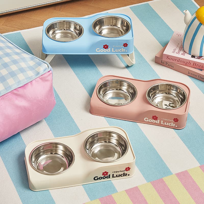 Foldable Stainless Steel Dual Bowl Non-Tip Stainless Steel Feeding Bowl