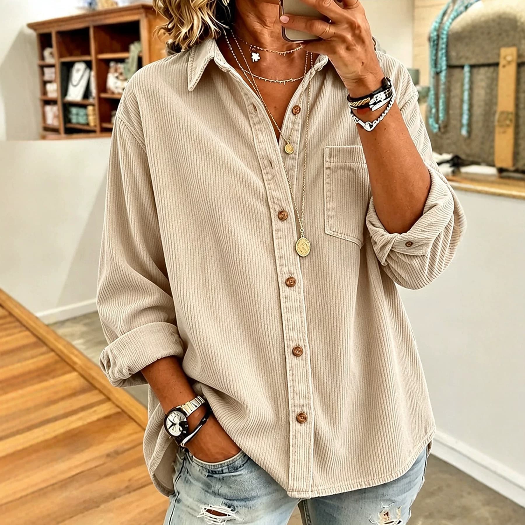 Retro Lapel Long-sleeved Corduroy Casual Loose-fit Thick Women's Garment