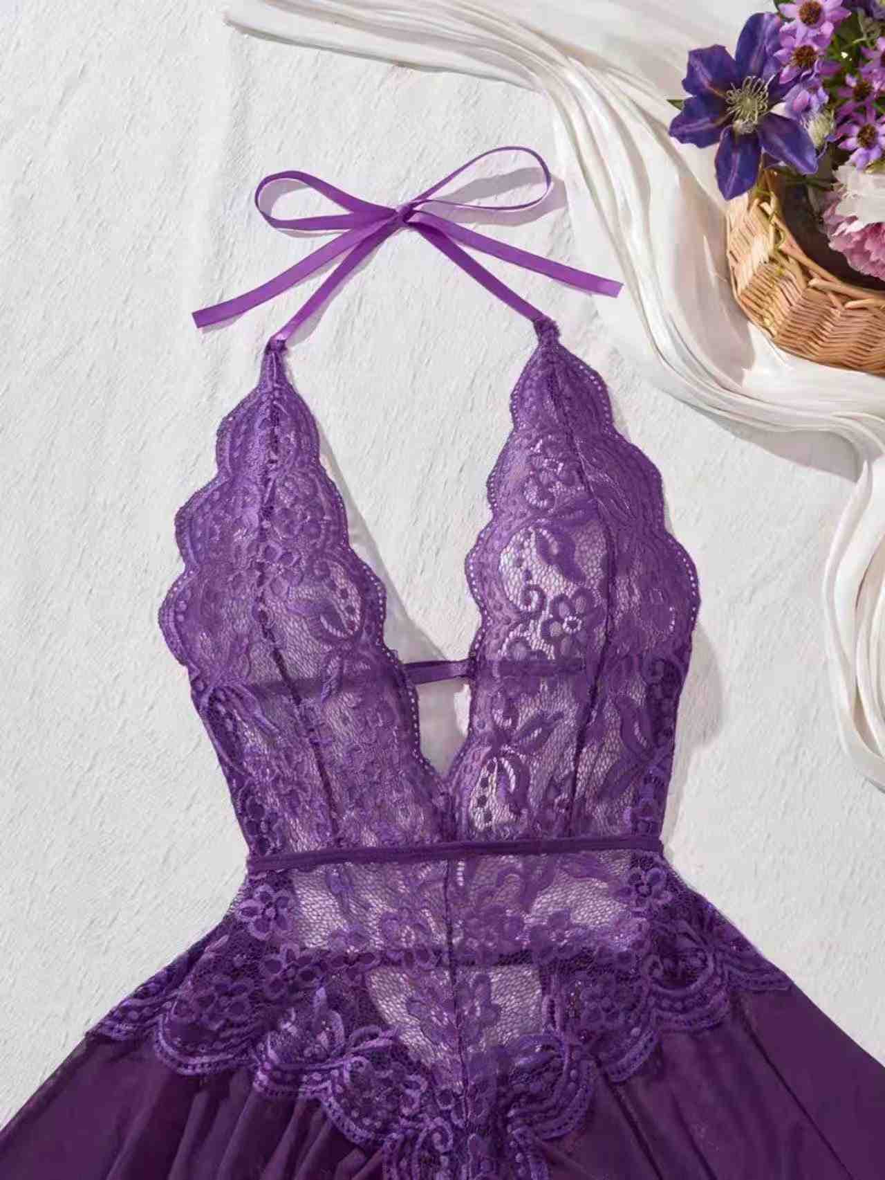 European And American-style Sheer Lace Sexy Seductive Open-crotch No-pull-over Bodysuit