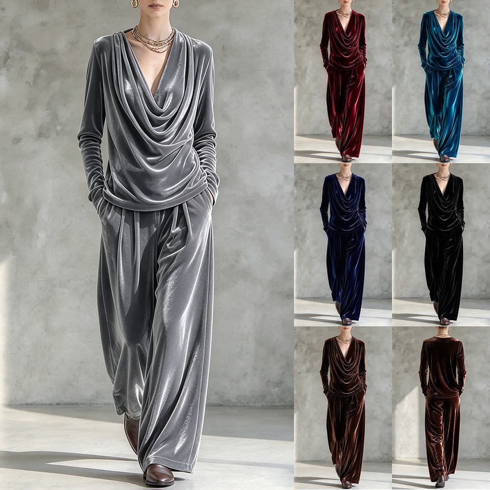 Fashionable Off-shoulder Top And Wide-leg Pants Velvet Two-piece Set