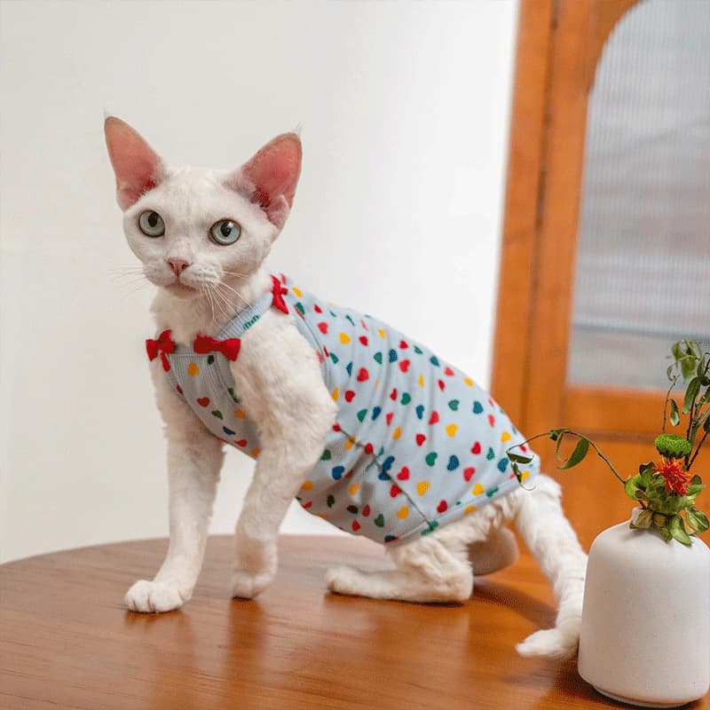 Sphynx Cat Summer Tank T-shirt Hearts Pattern With Bow Accents Stretchy Comfortable Skin-Friendly Clothes For Hairless Cat