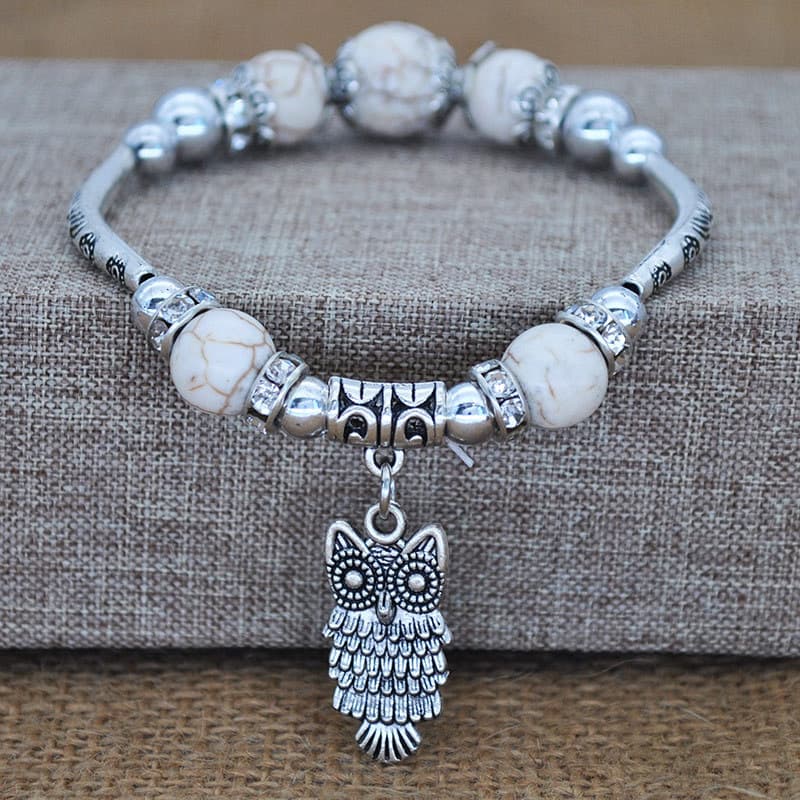 Bohemian Retro Stretch Turquoise Bracelet Antique Silver Elephant Owl Pendant Blue Ethnic Style Bracelet Wholesale